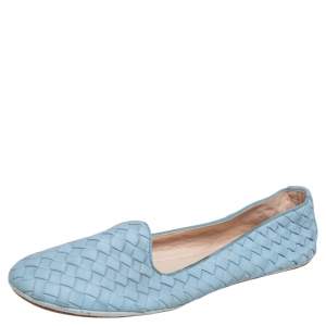Pre Owned Bottega Veneta Blue Intrecciato Leather Smoking Flats Size 41