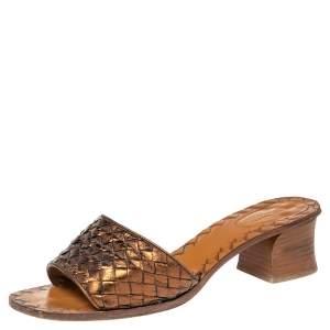 Pre Owned Bottega Veneta Metallic Bronze Intrecciato Leather Slide Sandals Size 39