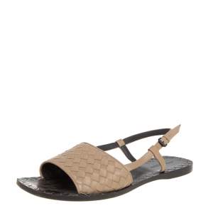 Pre Owned Bottega Veneta Beige Intreciatto Leather Calvados Slingback Flats Size 39