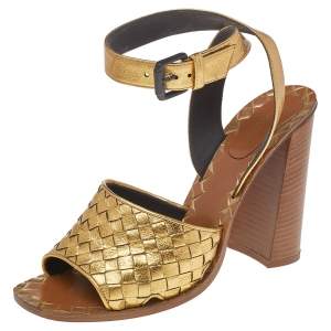 Pre Owned Bottega Veneta Gold Intrecciato Leather Block Heel Sandals Size 40