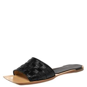 Pre Owned Bottega Veneta Black Intrecciato Leather Slide Flats Size 41.5