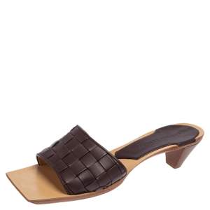 Pre Owned Bottega Veneta Brown Intrecciato Leather Slide  Sandals Size 37.5