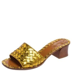 Pre Owned Bottega Veneta Gold Intrecciato Leather Ravello Slide Sandals Size 40