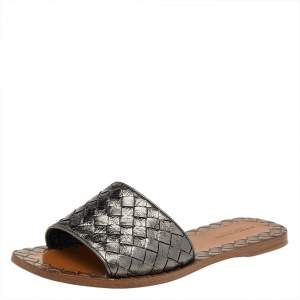 Pre Owned Bottega Veneta Metallic Intrecciato Leather Flat Slides Size 35