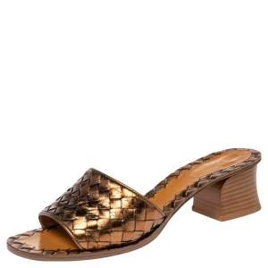 Pre Owned Bottega Veneta Metallic Brown Intrecciato Leather Ravello Slide Sandals Size 37