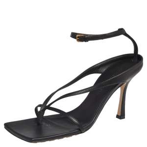 Pre Owned Bottega Veneta Black Leather Stretch Square Sandals Size 37.5