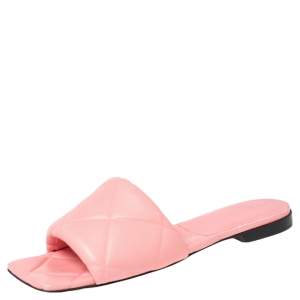 Pre Owned Bottega Veneta Pink Leather Lido Flat Slides Size 38
