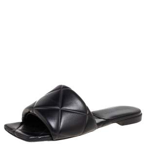 Pre Owned Bottega Veneta Black Leather Lido Flat Slides Size 37