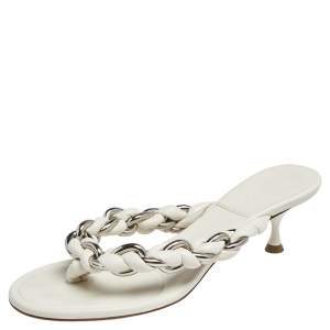 Bottega Veneta Off White Braided Leather & Chain Thong  Sandals Size 39