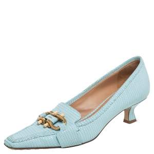 Pre Owned Bottega Veneta Blue Lizard Embossed Leather Madame Pumps Size 39