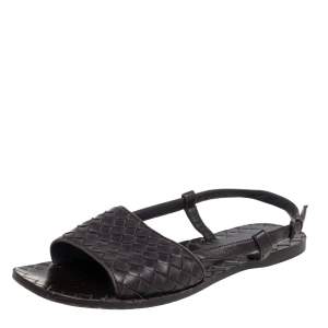 Pre Owned Bottega Veneta Dark Brown Intreciatto Leather Calvados Slingback Flats Size 36.5