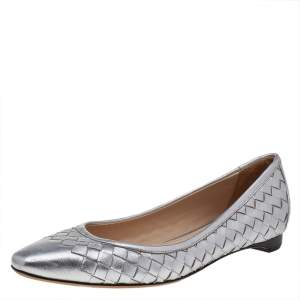 Pre Owned Bottega Veneta Silver Intrecciato Leather Ballet Flats Size 36