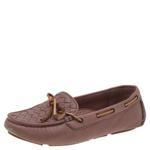Pre Owned Bottega Veneta Beige Intrecciato Leather Bow Slip On Loafers Size 37