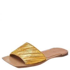 Pre Owned Bottega Veneta Gold Pleated Leather Flat Slides Size 40 