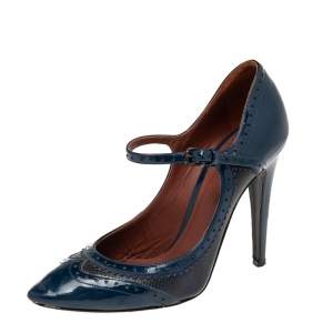 Pre Owned Bottega Veneta Blue Patent Leather And Leather Mary Jane Pumps Size 37.5