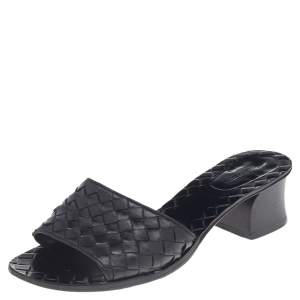 Pre Owned Bottega Veneta Black Intrecciato Leather Ravello Slide Sandals Size 36.5