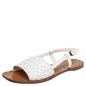 Pre Owned Bottega Veneta White Intreciatto Leather Calvados Slingback Flats Size 36