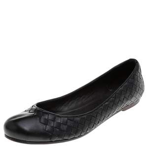Pre Owned Bottega Veneta Black Intrecciato Leather Ballet Flats Size 40.5