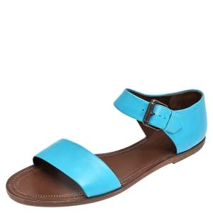 Pre Owned Bottega Veneta Blue Leather Flat Ankle Strap Sandals Size 40.5