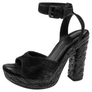 Bottega Veneta Black Intrecciato Suede Coated Espadrille Platform Sandals Size 39