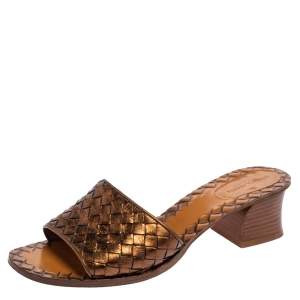 Pre Owned Bottega Veneta Metallic Bronze Leather Block Heel Slide Sandals Size 39