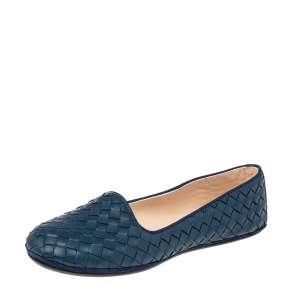Pre Owned Bottega Veneta Blue Intrecciato Leather Ballet Flats Size 36