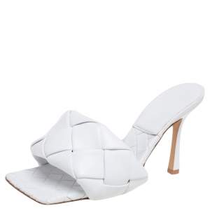 Pre Owned Bottega Veneta White Intrecciato Weave Leather Lido Slide Sandals Size 38