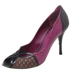 Pre Owned Bottega Veneta Multicolor Python And Patent Leather Peep Toe Pumps Size 38