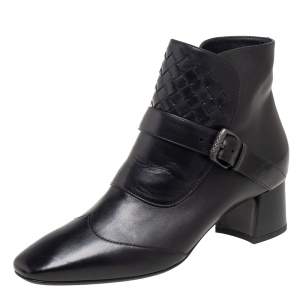 Pre Owned Bottega Veneta Black Leather And Intrecciato Leather Wingtip Ankle Boots Size 36.5