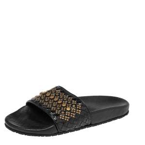 Pre Owned Bottega Veneta Black Snakeskin Intrecciato Leather Studded Slides Size 37