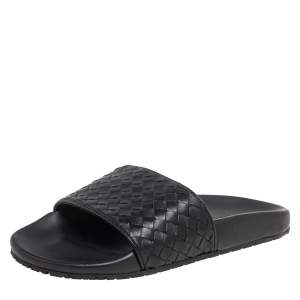 Pre Owned Bottega Veneta Black Intrecciato Leather Flat Slides Size 37