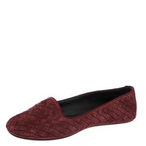 Pre Owned Bottega Veneta Burgundy Intrecciato Leather Ballet Flats Size 36.5