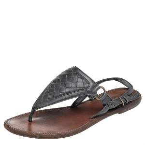 Pre Owned Bottega Veneta Black Leather Thong Slingback Flat Sandals Size 38