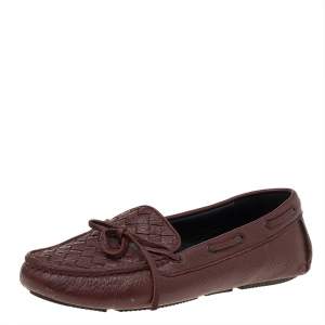 Pre Owned Bottega Veneta Brown Intrecciato Leather Bow Slip on Loafers Size 37.5