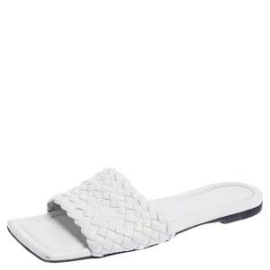 Pre Owned Bottega Veneta White Intrecciato Leather Square Toe Flat Slides Size 38