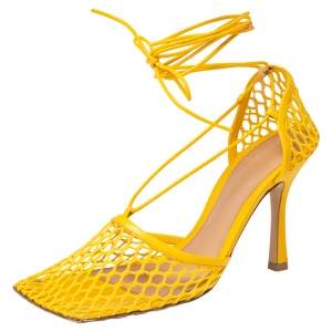 Pre Owned Bottega Veneta Mustard Leather And Mesh Ankle Wrap Pumps Size 39.5