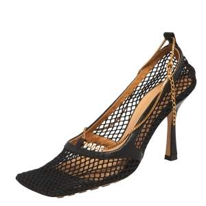 Pre Owned Bottega Veneta Black Mesh Fabric And Leather Trim Stretch Pumps Size 36