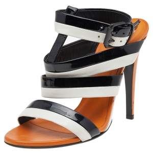 Pre Owned Bottega Veneta White/Black Patent And Leather Ankle Strap Sandals Size 39.5