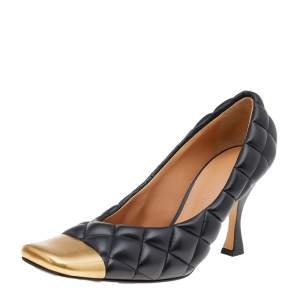 Pre Owned Bottega Veneta Black Quilted Leather Square Metal Cap Toe Pumps Size 37.5