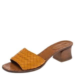 Pre Owned Bottega Veneta Mustard Yellow Intrecciato Leather Ravello Slide Sandals Size 36