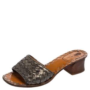 Pre Owned Bottega Veneta Metallic Intrecciato Leather Slide Sandals Size 36