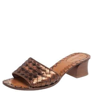 Pre Owned Bottega Veneta Metallic Bronze Leather Block Heel Slide Sandals Size 37.5