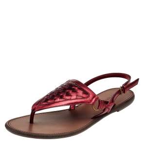 Pre Owned Bottega Veneta Metallic Red Intrecciato Leather Thong Slingback Flat Sandals Size 41