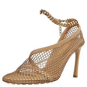 Pre Owned Bottega Veneta Beige Stretch Mesh And Leather Square Toe Pumps Size 41