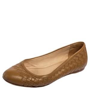 Pre Owned Bottega Veneta Brown Intrecciato Leather Ballet Flats Size 35.5
