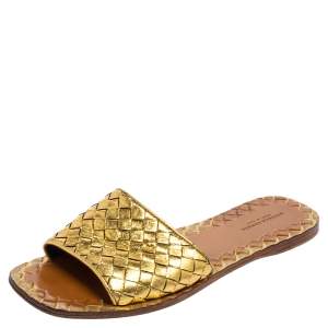 Pre Owned Bottega Veneta Metallic Gold Intrecciato Leather Slide Flats Size 38.5