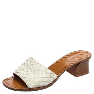 Pre Owned Bottega Veneta White Intrecciato Leather Ravello Slide Sandals Size 37