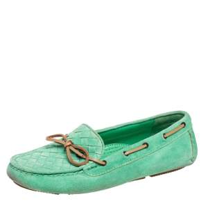 Bottega Veneta Green/Brown Intrecciato Suede Bow Slip-On Loafers Size 36