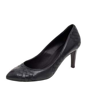 Pre Owned Bottega Veneta Black Intrecciato Leather Almond Toe Pumps Size 37