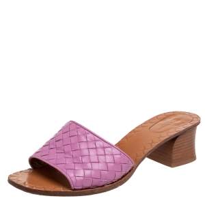 Pre Owned Bottega Veneta Pink Intrecciato Leather Slide Sandals Size 40